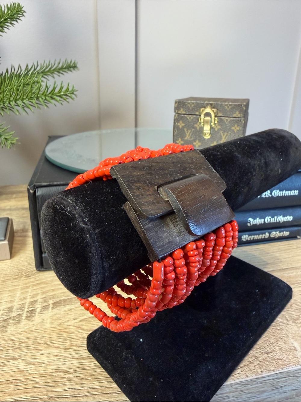 Vintage Coral Orange Beaded Multi-Strand Bangle Bracelet Wooden Clasp Retro